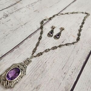 Art Deco Style Sterling Silver Necklace and Earring Set with Purple Stone